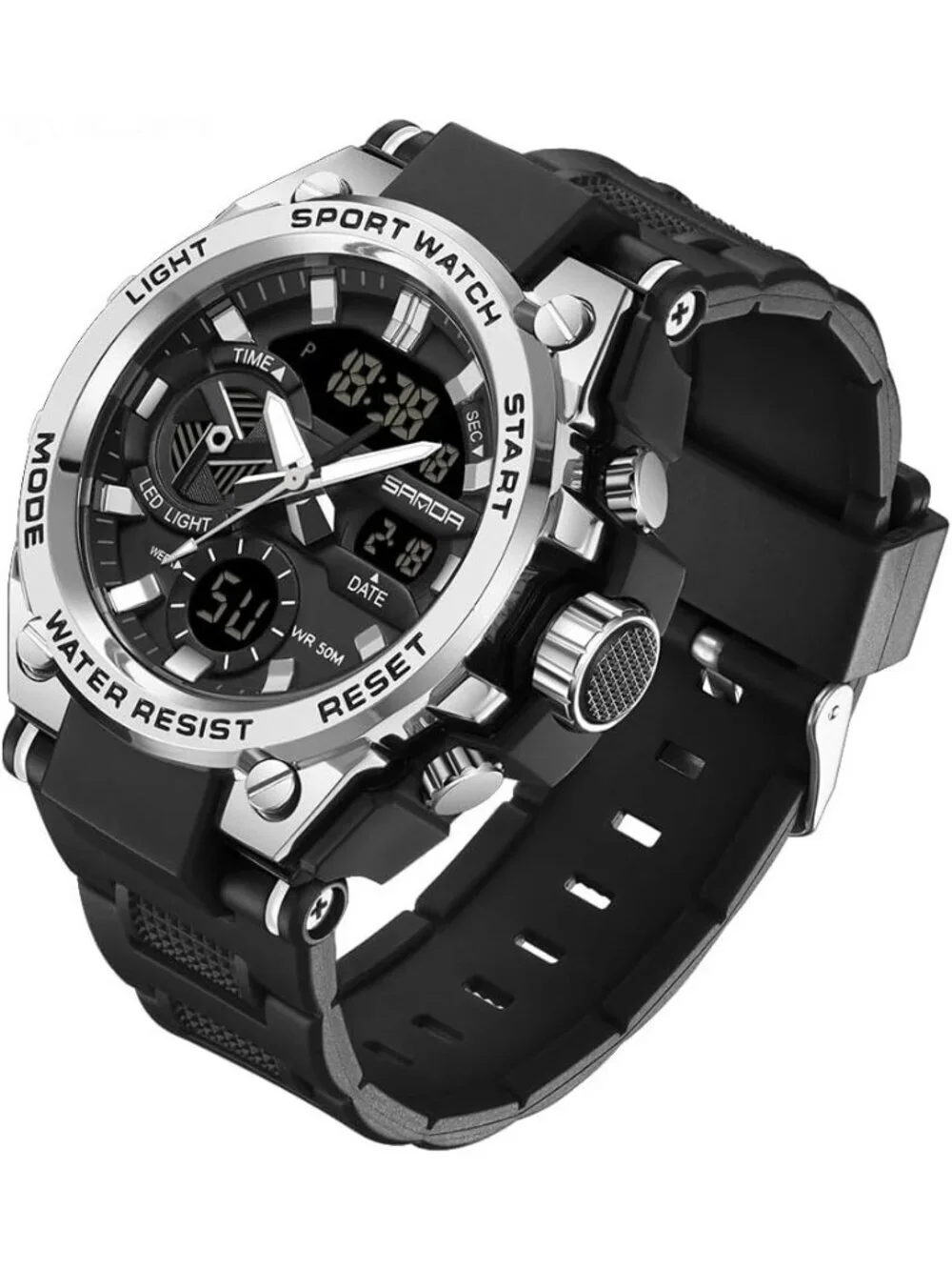 Mens Black Silver Analog Quartz Sport Waterproof Military Tactical Digital Watch